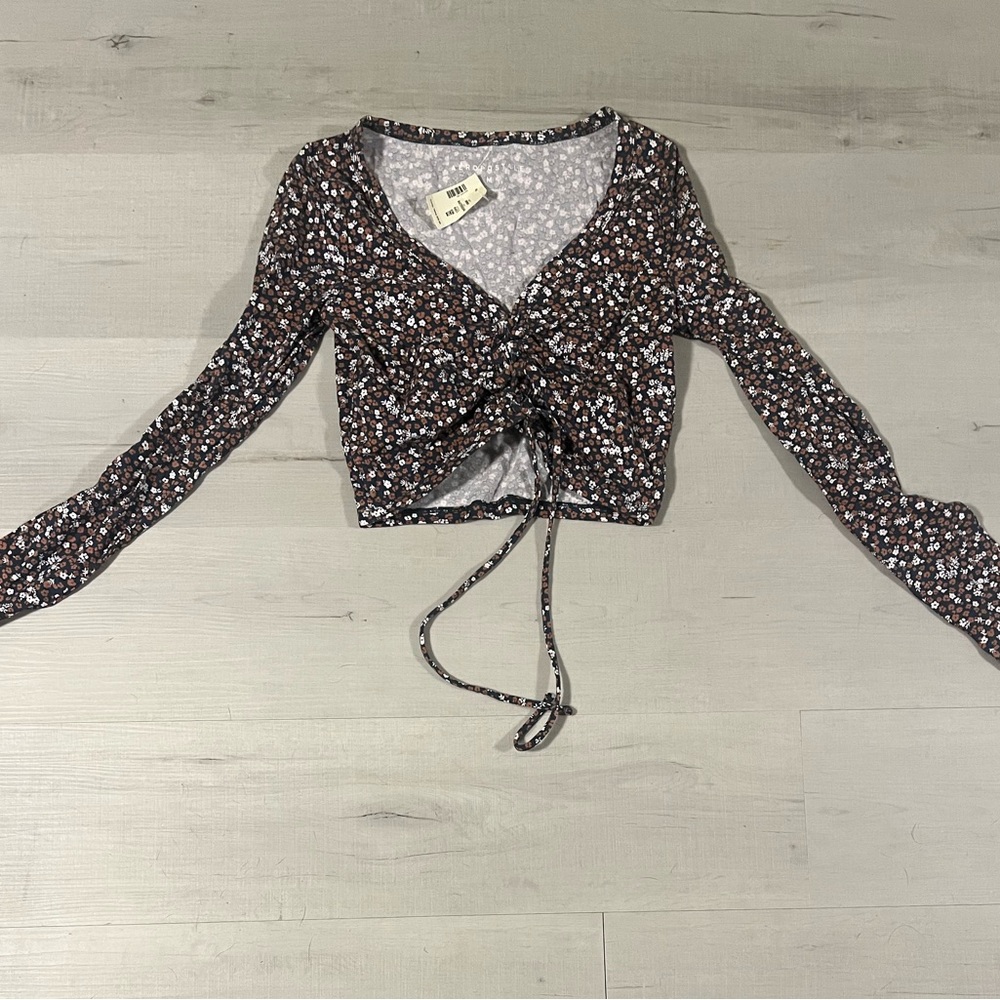Aeropostale Brown and White Tie Front Crop Blouse